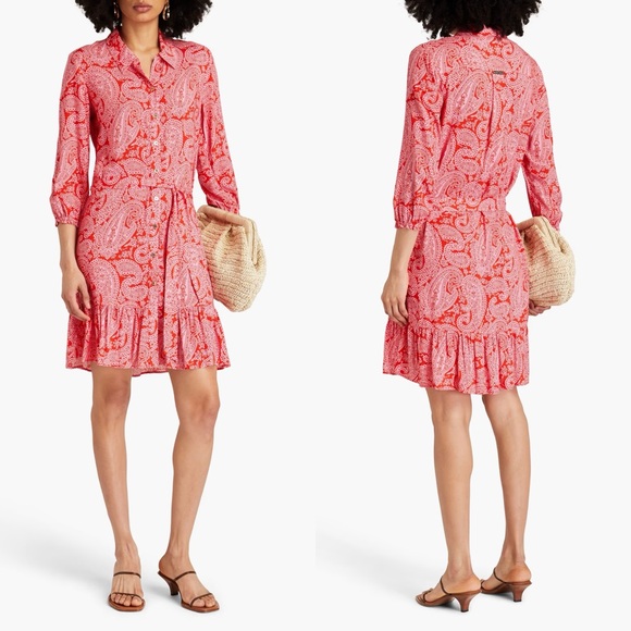 Heidi Klein Dresses & Skirts - Heidi Klein Tangier Paisley-Print Mini Shirt Dress In Red And Pink Size L Mini